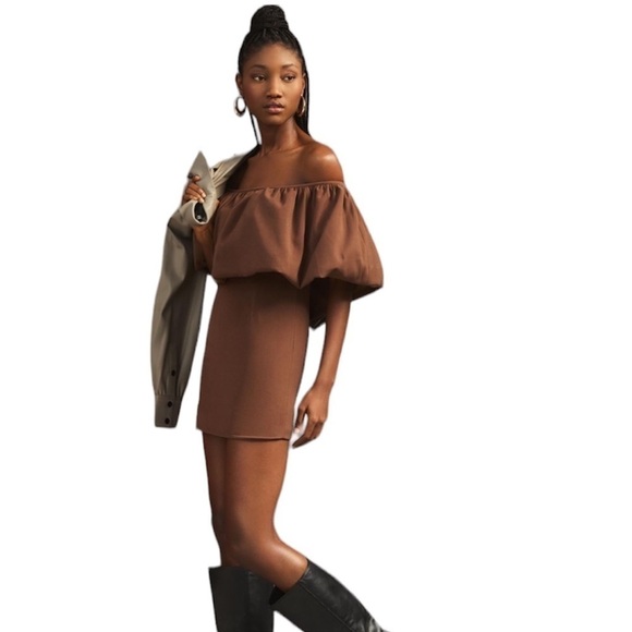 Anthropologie Nikita Mhaisalkar Off-The-Shoulder Bubble Dress Chocolate Brown